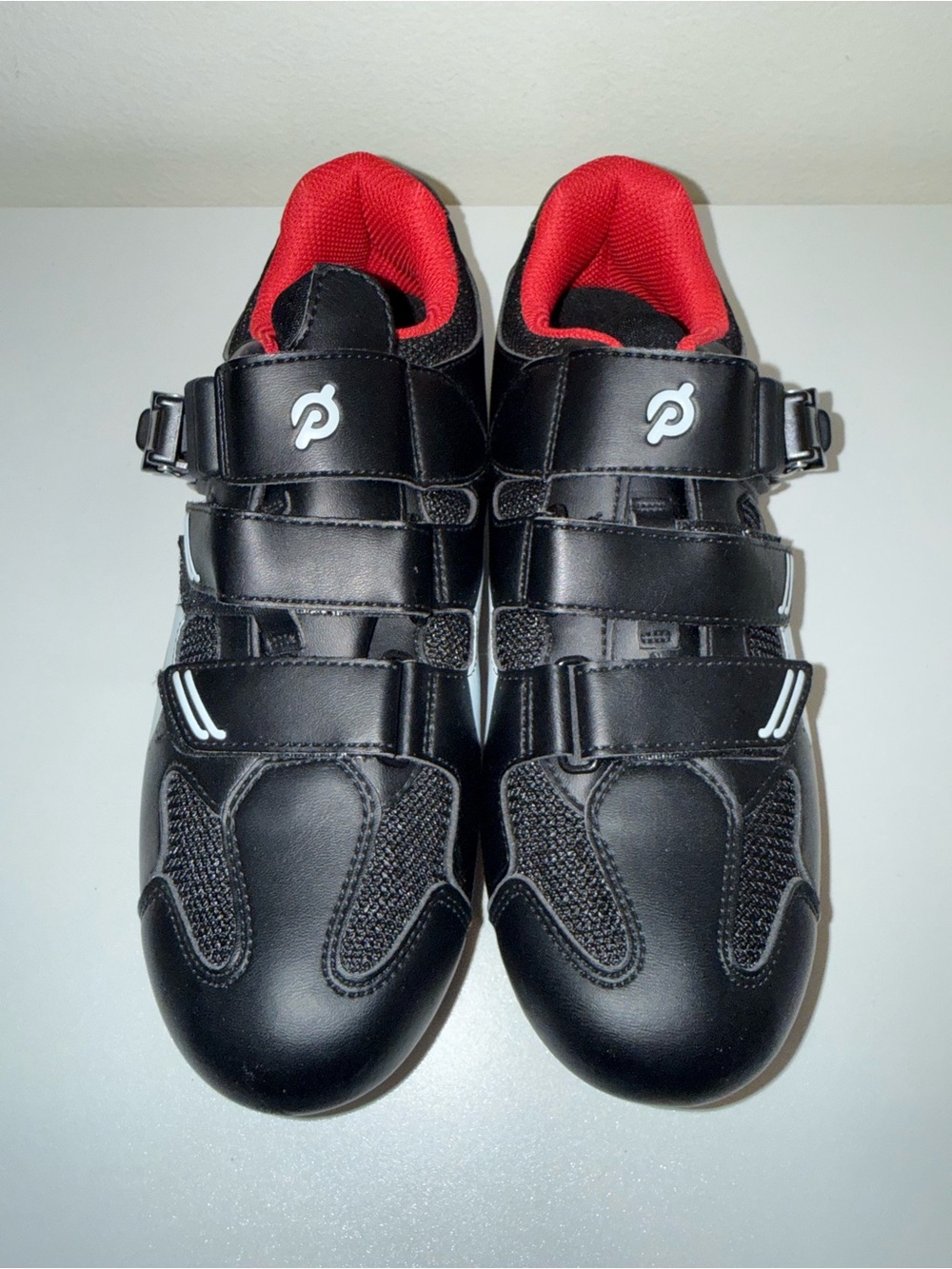 Peloton Black Cycling Shoes with Red Interior and White Accents